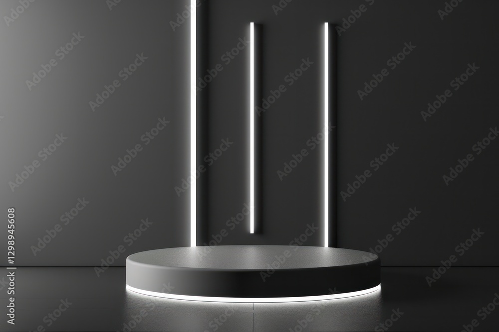 Minimalist background with black gray podium, textured wall and neon lights for product presentation glowing luxury advertising wallpaper. Minimalist background with black gray podium, textured wall and neon lights for product presentation glowing luxury advertising wallpaper.