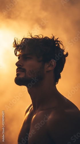 Charming man dark stubble golden mist