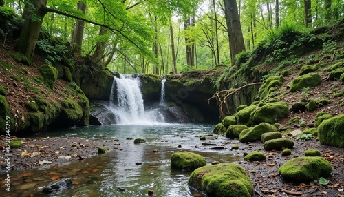 Serene waterfall in a lush green forest surrounded by mossy rocks and tranquil water
