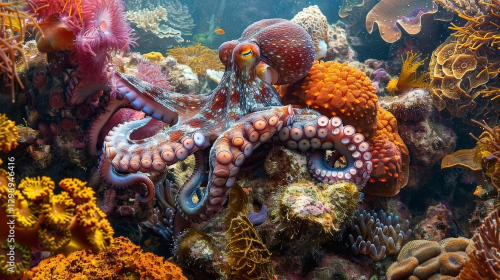 Obraz premium Octopus camouflaged among coral