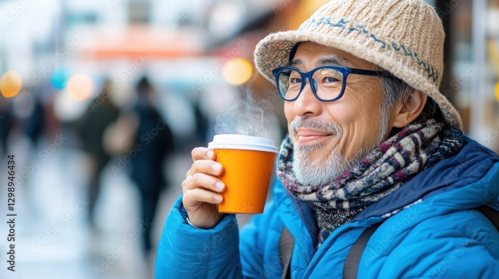 Japanese tourist drinking coffee on the street, space for text on top. Japanese tourist drinking coffee on the street, space for text on top.