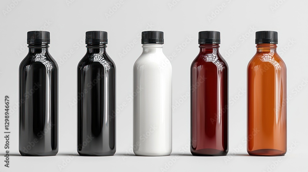 Variety of Glossy Bottles with Black Caps for Branding and Packaging Variety of Glossy Bottles with Black Caps for Branding and Packaging