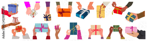 Different female and male hands holding gift boxes, birthday, anniversary, christmas presents. Arms wrapping, preparing gifts, new year souvenirs. Vector illustrations isolated 