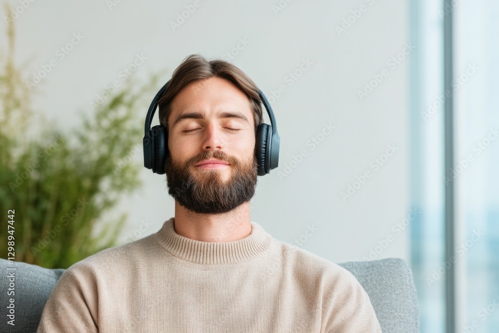 portrait of young man sitting on couch with headphones participating in online language class portrait of young man sitting on couch with headphones participating in online language class