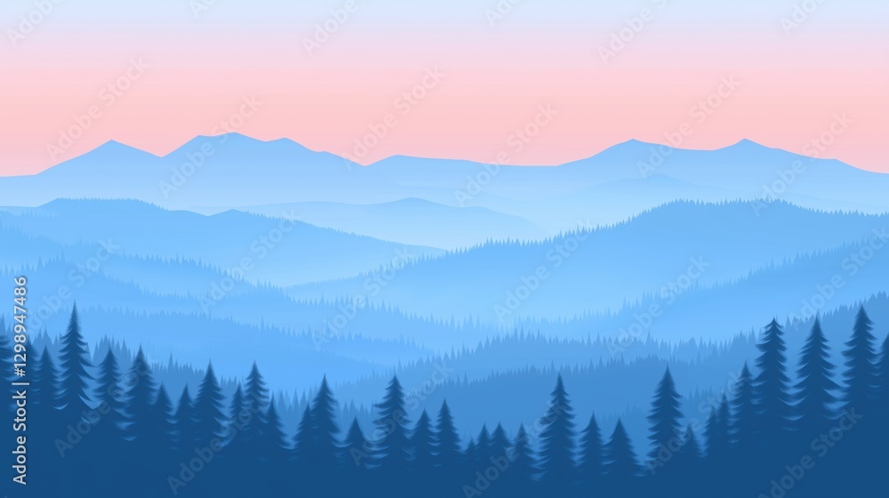 A serene view of layered mountains with a pastel sky at dawn. A serene view of layered mountains with a pastel sky at dawn.