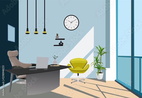Workplace room, modern office Interior, cabinet. Furnishing work space with computer laptop, manager, desk, armchair, big window with day light . Colorful vector realistic illustration.