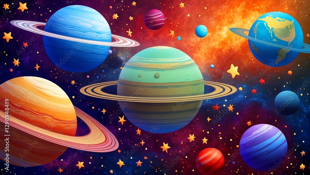 Naklejka premium Vibrant cosmic landscape with diverse planets and stars