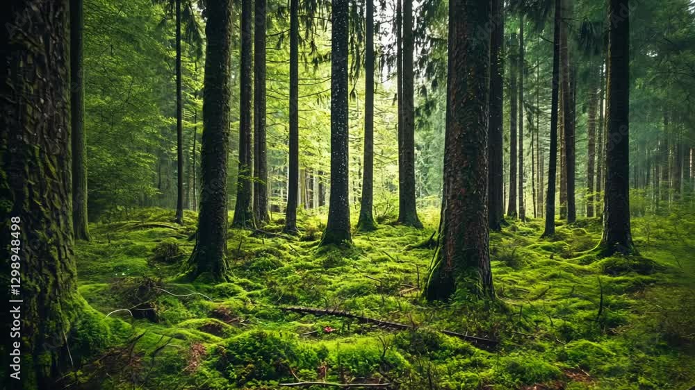 Enchanted Forest, Serene woodland ambiance with lush green moss ground Enchanted Forest, Serene woodland ambiance with lush green moss ground