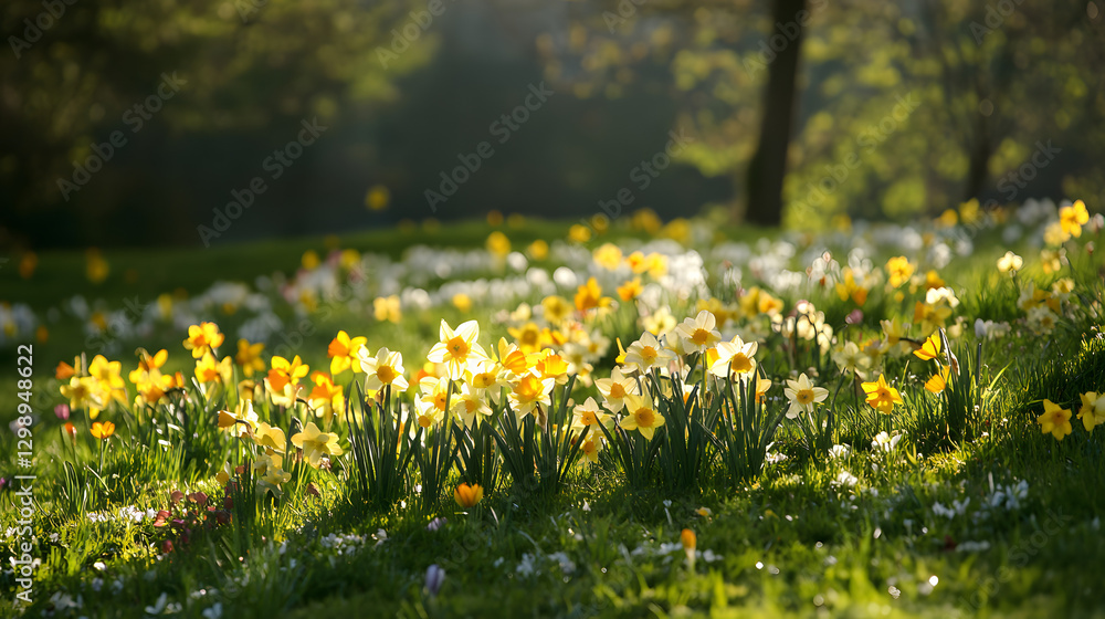 Fototapeta premium A bright spring meadow filled with daffodils, crocuses, and buttercups, illuminated by the morning sun.