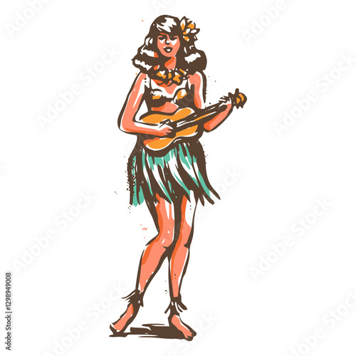 Island Melody: A charming illustration of a Hawaiian dancer, gracefully playing a ukulele, adorned with a flower in her hair and a traditional grass skirt, capturing the spirit of island culture.