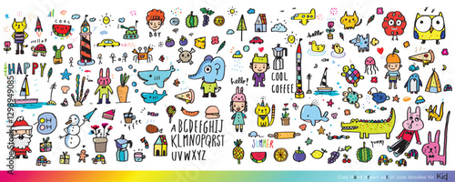 Collection of cute doodle handwritten decorative design elements, hand drawn in trendy doodle style - animals, plants, symbols. Colorful vector illustration