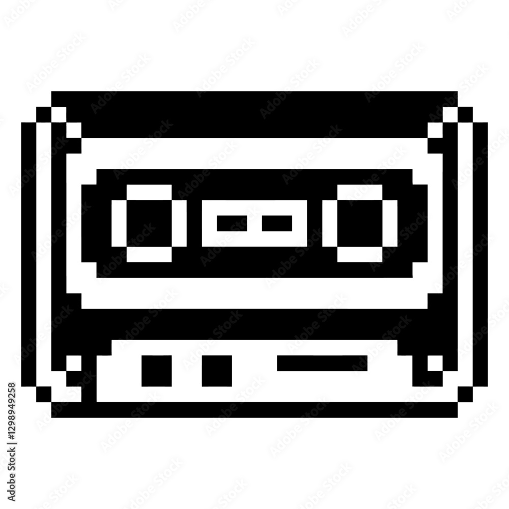 Retro Sounds: A pixelated graphic of a classic cassette tape, a symbol of retro technology, music, and nostalgia, depicted in stark black and white. Retro Sounds: A pixelated graphic of a classic cassette tape, a symbol of retro technology, music, and nostalgia, depicted in stark black and white.