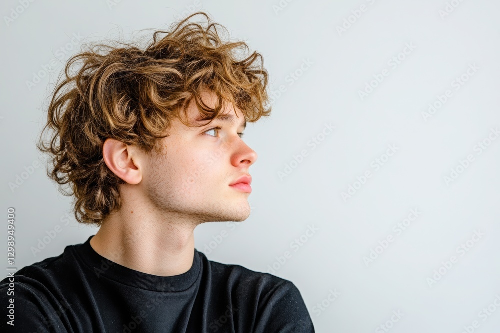 European guy with shoulders down, white background from the side. European guy with shoulders down, white background from the side.