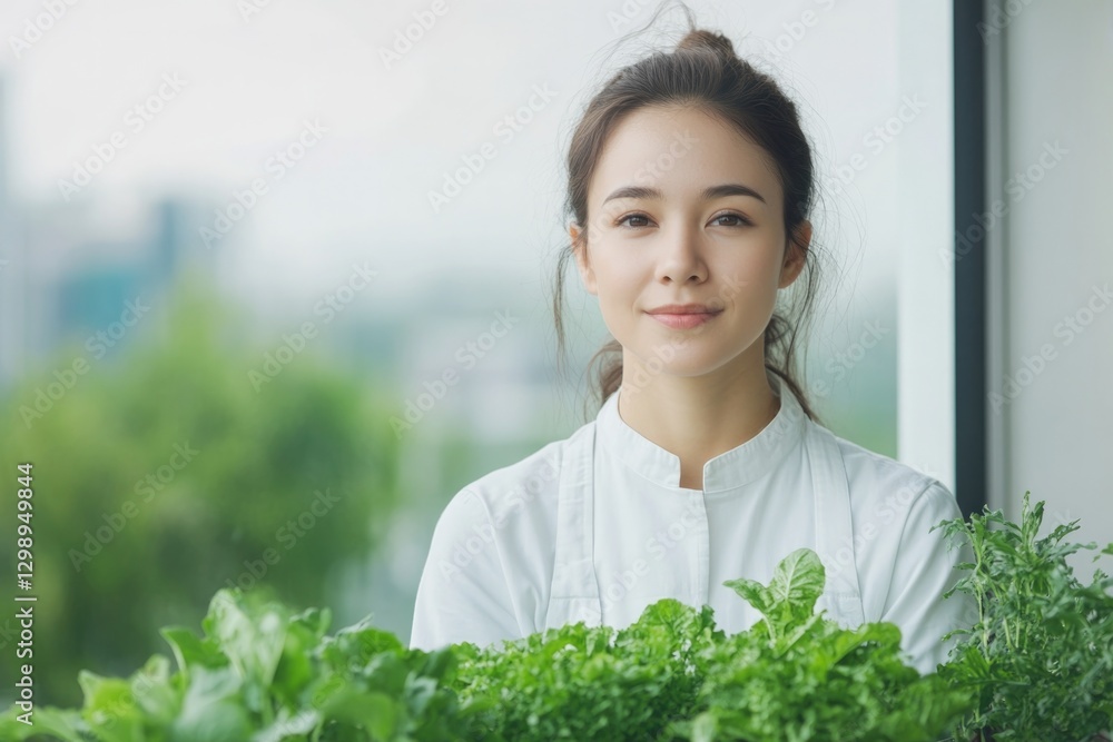 portrait of young urban farmer tending to hydroponic garden on high-rise balcony surrounded by green plants portrait of young urban farmer tending to hydroponic garden on high-rise balcony surrounded by green plants