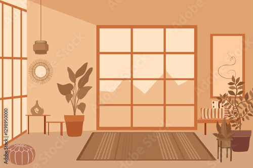 Empty Meditation or yoga class room. Relaxation space. Scandinavian, japandi style interior design in neural beige colors, panoramic window, carpet, pillows, house plants. Trendy vector illustration.