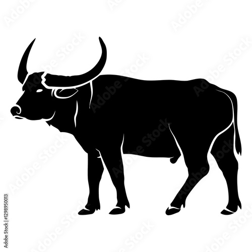 Powerful Silhouette of a Buffalo: An illustrative and powerful silhouette of a buffalo, showcasing its muscular build and impressive horns, against a pure backdrop. 