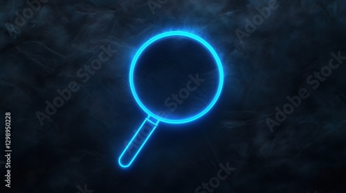 A glowing blue magnifying glass icon on a dark textured background.
