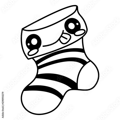 Playful Sock: An adorable cartoon sock with charming facial features, depicted in a delightful black outline style, perfect for adding a touch of whimsy and fun to any project.