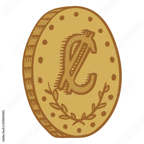 Golden Coin Illustration: a golden coin, rendered in an artistic style, showing the symbol and laurel wreath, conveying value and economic concepts. 
