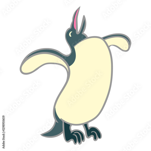 Joyful Penguin in Playful Pose: A cartoon-style depiction of a cheerful penguin with outstretched flippers and an open beak, expressing exuberance and animated in a simplistic color palette.