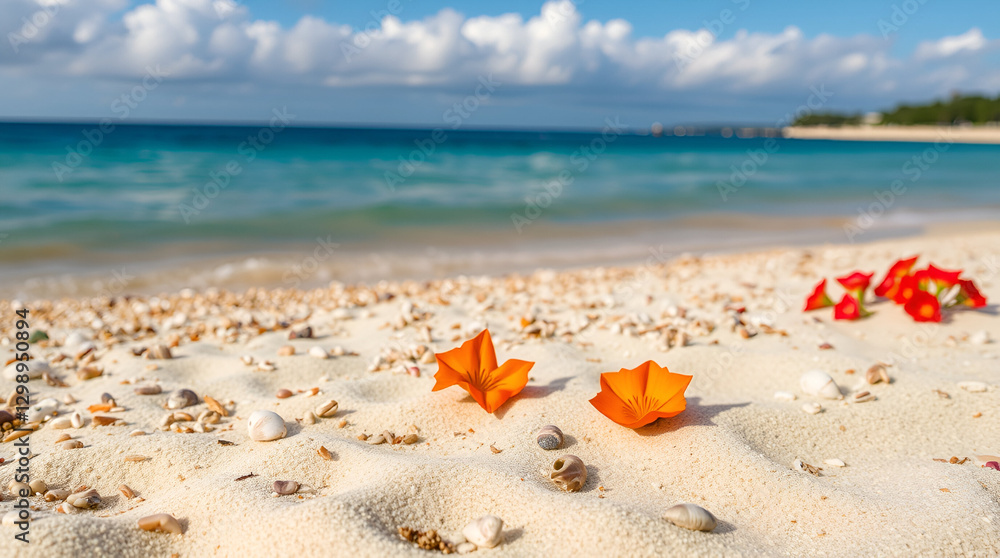Orange tropical flowers on sandy beach with seashells, turquoise ocean waves, and a blue sky with fluffy clouds in the background, capturing a serene coastal scenery and summer vacation atmosphere Orange tropical flowers on sandy beach with seashells, turquoise ocean waves, and a blue sky with fluffy clouds in the background, capturing a serene coastal scenery and summer vacation atmosphere