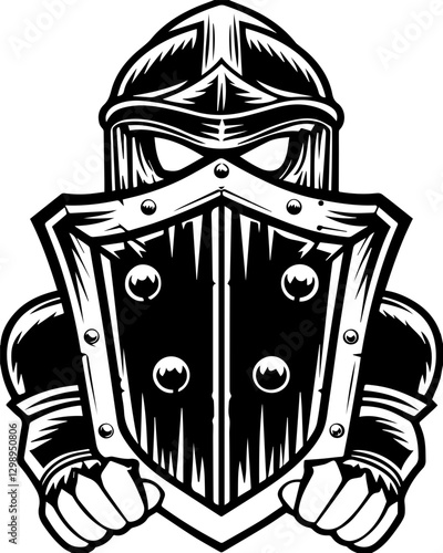 Dark fantasy SVG vector features demons mythical creatures cursed warriors. Medieval Knight Holding Shield in Bold Black and White Design