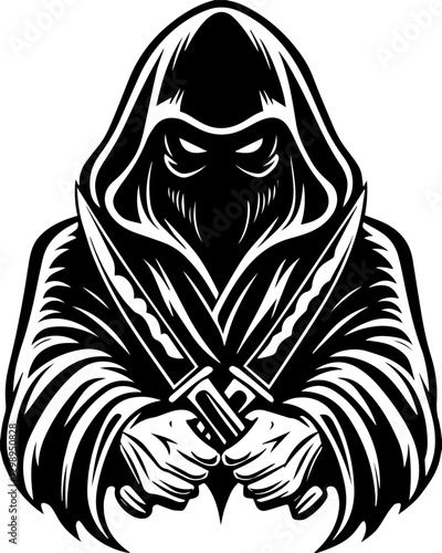 Dark fantasy SVG vector features demons mythical creatures cursed warriors. Dark Hooded Figure with Dual Swords in a Mysterious Style