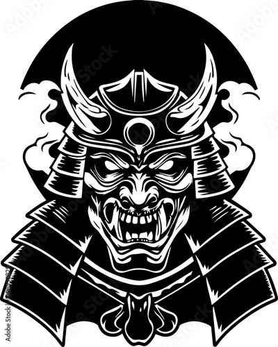 Dark fantasy SVG vector features demons mythical creatures cursed warriors. Fierce Samurai Warrior Mask with Intricate Details and Expression