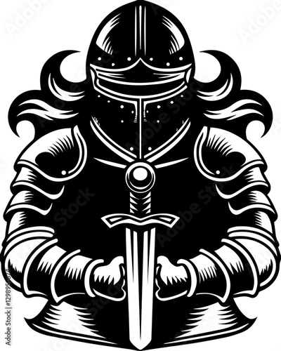 Dark fantasy SVG vector features demons mythical creatures cursed warriors. Vintage Knight in Armor Holding Sword with Detailed Design Elements