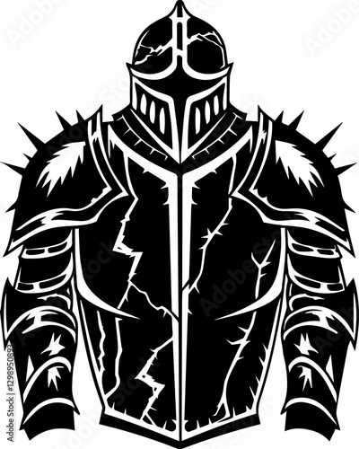 Dark fantasy SVG vector features demons mythical creatures cursed warriors. Black and White Illustration of a Spiked Knight Armor Design