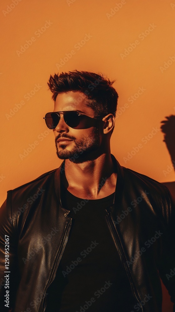 Fototapeta premium Stylish man sunglasses warm background