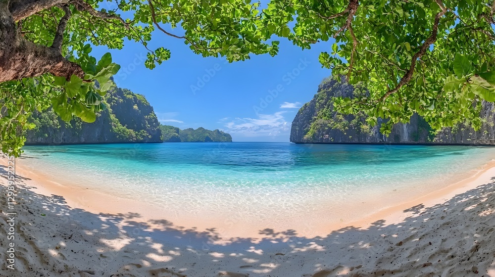 Fototapeta premium Captivating Tropical Beach Paradise with Crystal Clear Turquoise Waters and Bright Blue Sky