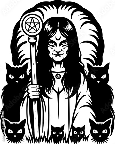 SVG vector features demons and mythical creatures. Mysterious Witch with Staff Surrounded by Black Cats Graphic Art