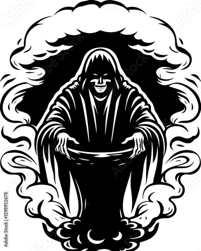 SVG vector features demons and mythical creatures. Mysterious Figure in Cloak with Cauldron Surrounded by Smoke