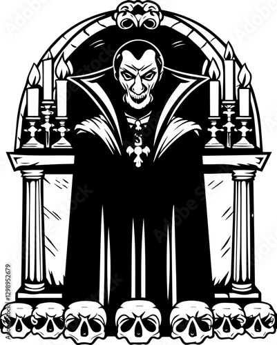 SVG vector features demons and mythical creatures. Mysterious Figure in Gothic Setting Surrounded by Candles and Skulls