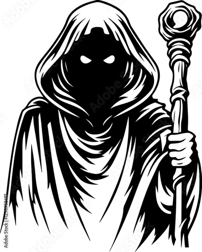 SVG vector features demons and mythical creatures. Mysterious Figure in Cloak with Staff Symbolizing Darkness and Power
