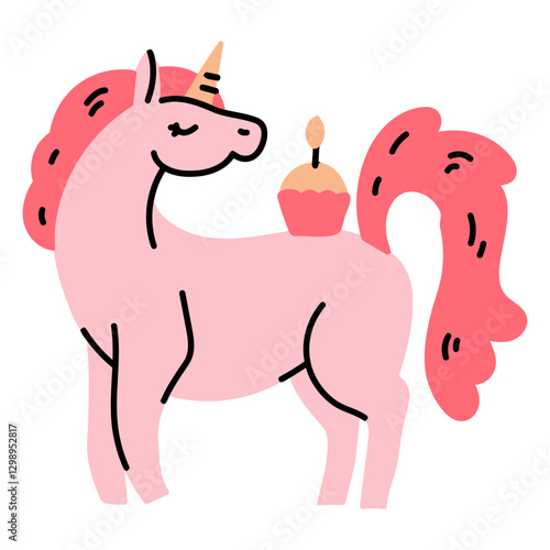 Whimsical Unicorn Celebration: A charming illustration captures a pink unicorn adorned with a celebratory cupcake, evoking joy and fantasy