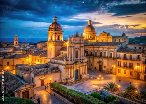 Noto Sicily Night Panoramic Photography, Baroque Architecture, Cathedral, Palazzo Ducezio, Italian Cityscape, Night View, Sicilian Old Town photo