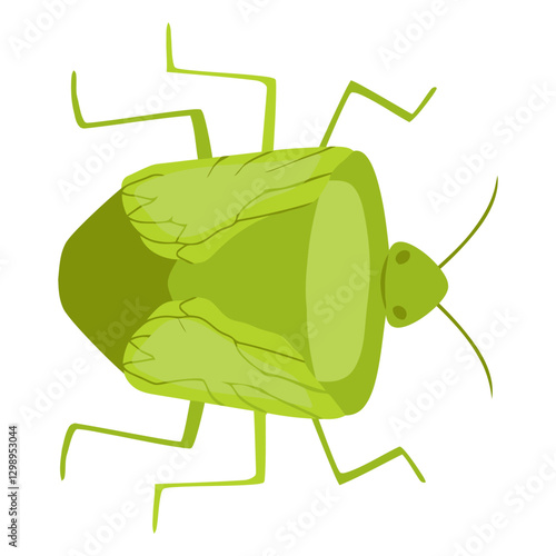 Green Stink Bug Illustration: A vibrant green stink bug, detailed with intricate markings and antennae, is depicted in a minimalist vector illustration style. Ideal for educational materials.