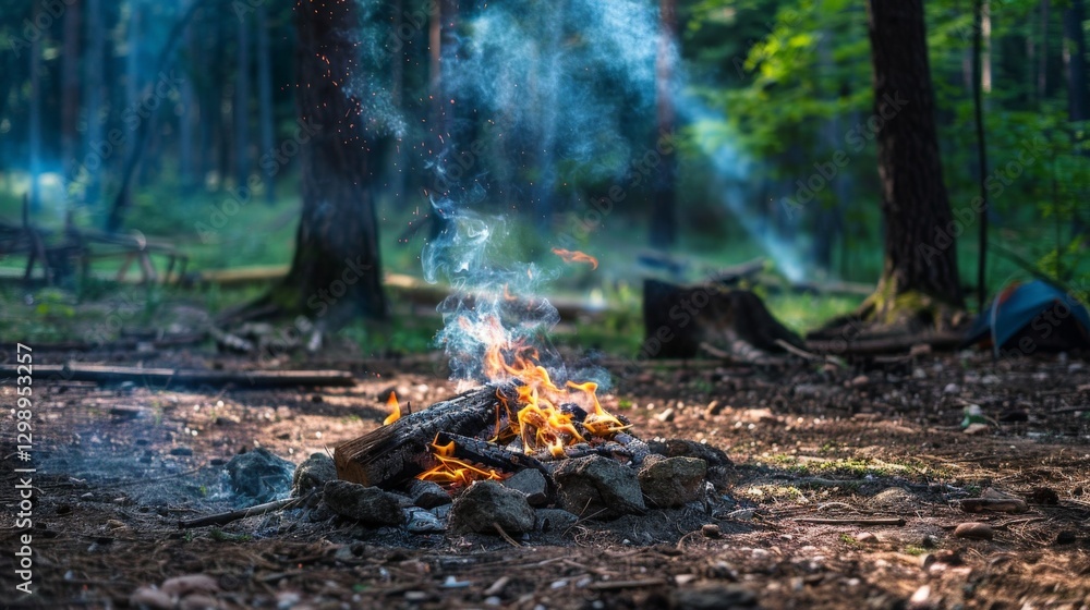 Smoke wafting from a freshly extinguished campfire in a forest clearing with Smoke wafting from a freshly extinguished campfire in a forest clearing with