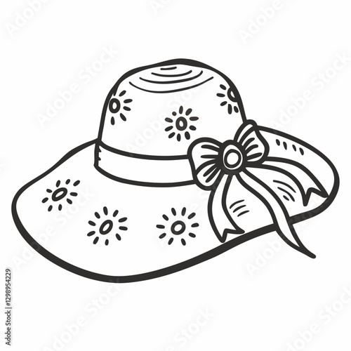 Elegant Sun Hat with Floral Patterns and Bow Vintage Black and White Vector Illustration