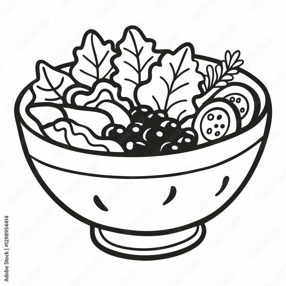 Monochrome Fresh Salad Bowl with Leafy Greens, Berries, and Vegetables Vector Illustration Monochrome Fresh Salad Bowl with Leafy Greens, Berries, and Vegetables Vector Illustration