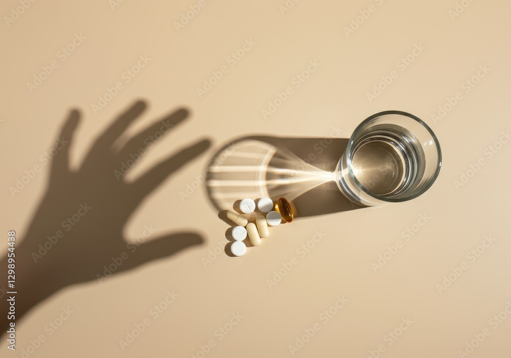 Hand shadow reaching for pills and glass of water on beige background representing drug addiction, overdose, medication, healthcare or pharmaceutical industry Hand shadow reaching for pills and glass of water on beige background representing drug addiction, overdose, medication, healthcare or pharmaceutical industry