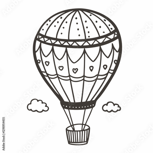 Vintage Hot Air Balloon Outline with Clouds Black and White Vector Illustration