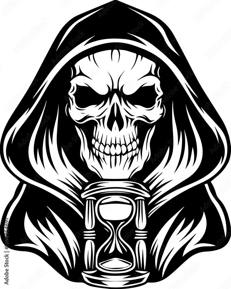 Fototapeta premium SVG vector features a demonic skull and undead creatures. Grim Reaper Skull with Hourglass Unveiling Mortality Symbolism