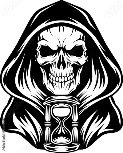 SVG vector features a demonic skull and undead creatures. Grim Reaper Skull with Hourglass Unveiling Mortality Symbolism