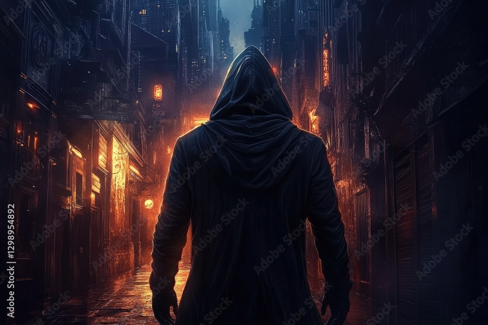 Thief or swindler shadowed by city gateway at dusk. Thief or swindler shadowed by city gateway at dusk.