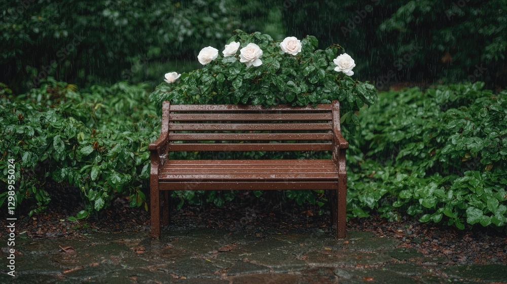 Naklejka premium Park bench in rain, flowers, garden. Peaceful scene. Potential use Stock photo for relaxation, nature, serenity