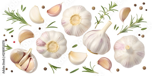 set of flying garlics isolated on white background png