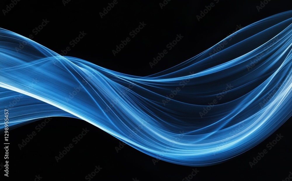 Ethereal blue light waves flowing gracefully on a dark background, representing motion, energy, and tranquility in an abstract composition.